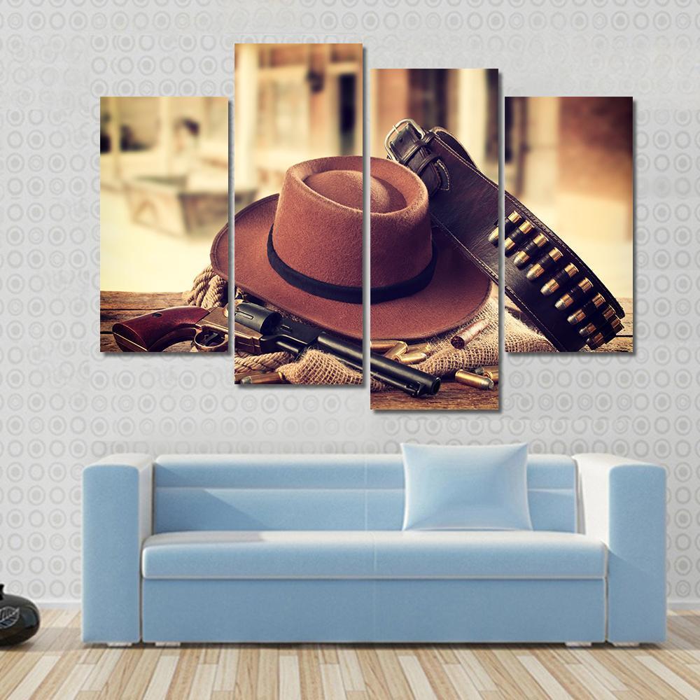 Cowboy Hat &amp; Gun Canvas Wall Art-4 Pop-Gallery Wrap-50" x 32"-Tiaracle