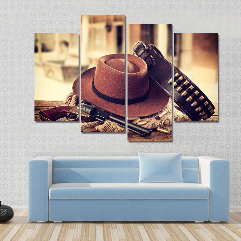 Cowboy Hat & Gun Canvas Wall Art-4 Pop-Gallery Wrap-50" x 32"-Tiaracle