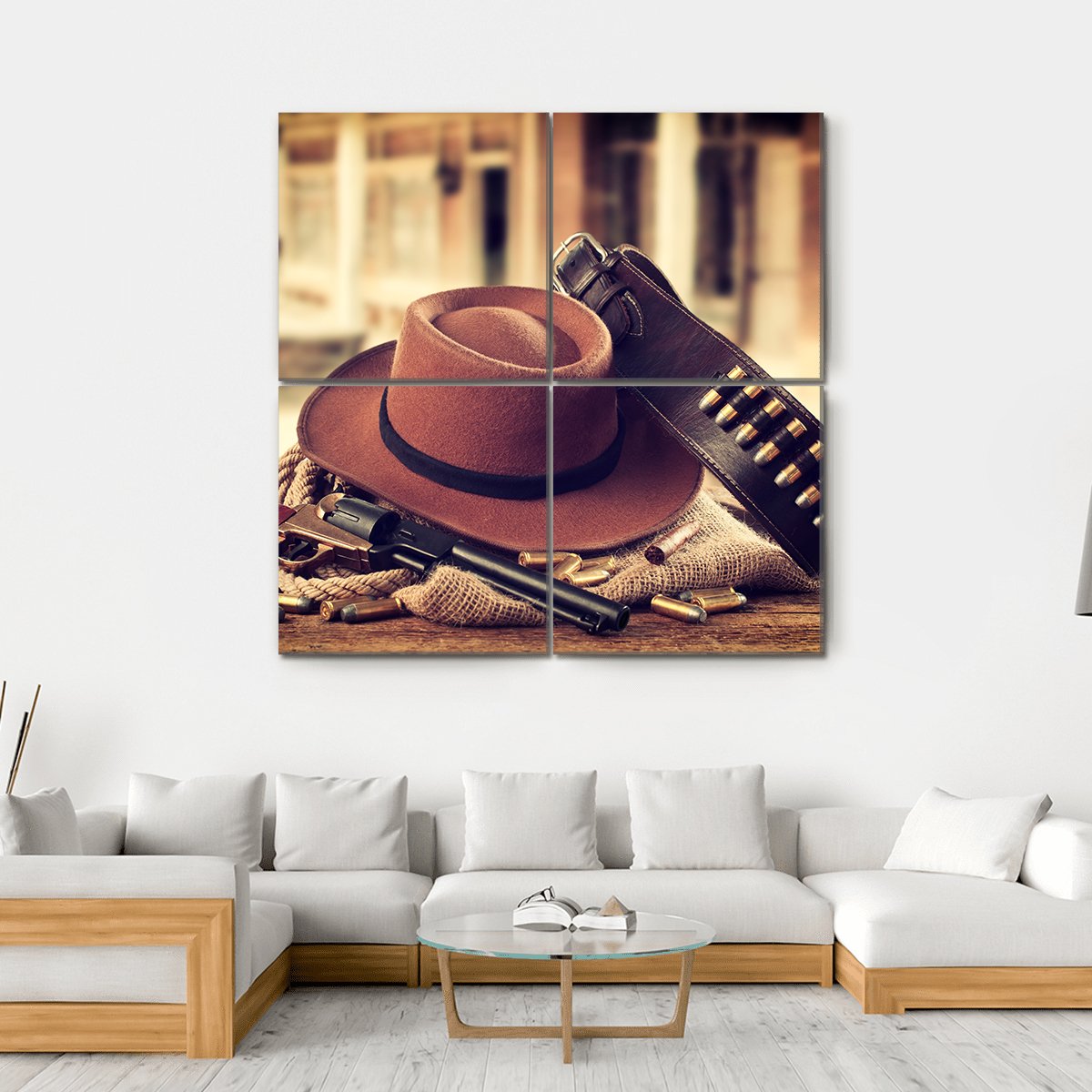 Cowboy Hat & Gun Canvas Wall Art-4 Square-Gallery Wrap-17" x 17"-Tiaracle