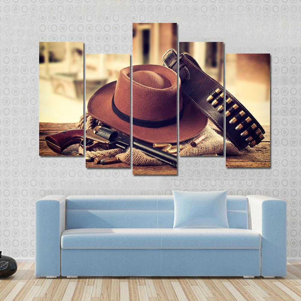 Cowboy Hat &amp; Gun Canvas Wall Art-5 Pop-Gallery Wrap-47" x 32"-Tiaracle
