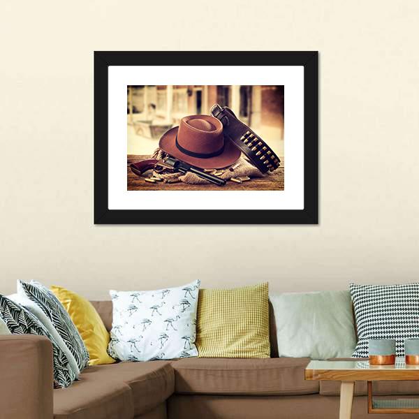 Cowboy Hat &amp; Gun Canvas Wall Art-1 Piece-Framed Print-20" x 16"-Tiaracle