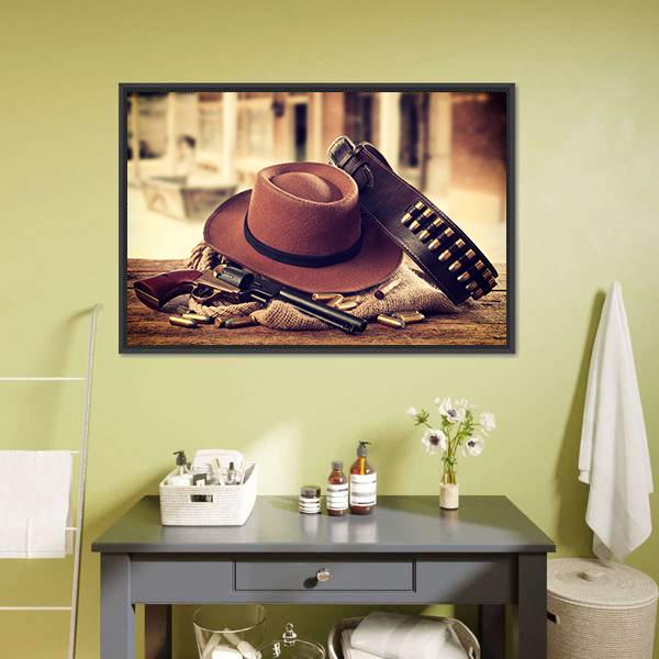Cowboy Hat & Gun Canvas Wall Art-5 Horizontal-Gallery Wrap-22" x 12"-Tiaracle