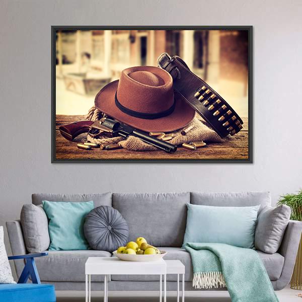 Cowboy Hat & Gun Canvas Wall Art-5 Horizontal-Gallery Wrap-22" x 12"-Tiaracle
