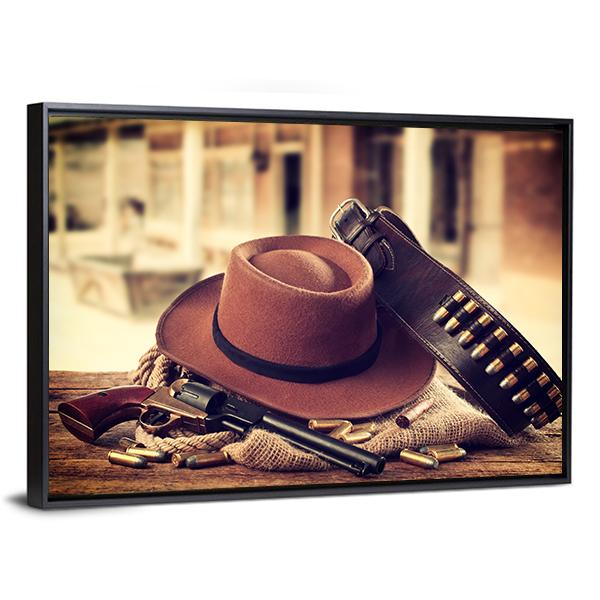 Cowboy Hat & Gun Canvas Wall Art-5 Horizontal-Gallery Wrap-22" x 12"-Tiaracle
