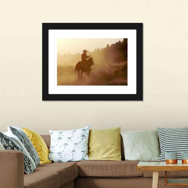 Cowboy In Setting Sun Canvas Wall Art-1 Piece-Framed Print-20" x 16"-Tiaracle