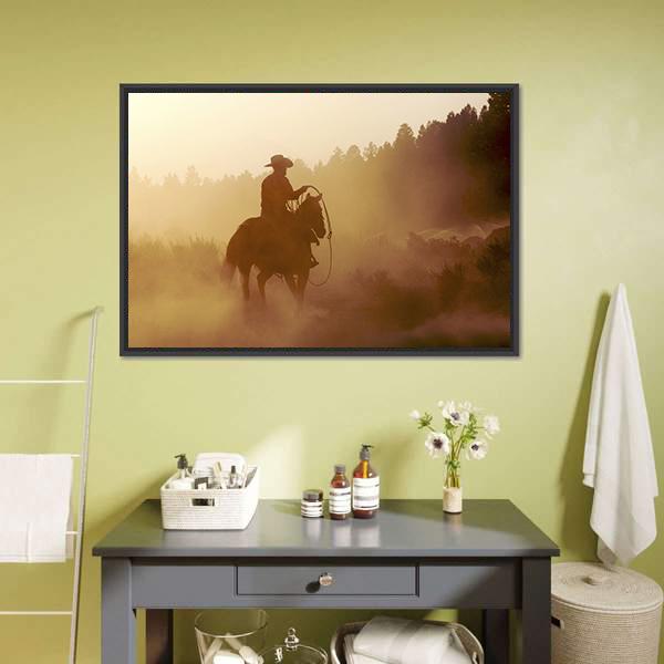 Cowboy In Setting Sun Canvas Wall Art-5 Horizontal-Gallery Wrap-22" x 12"-Tiaracle