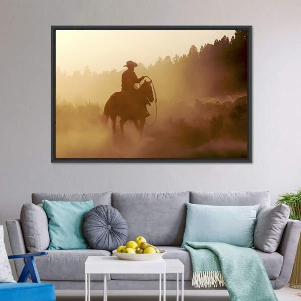 Cowboy In Setting Sun Canvas Wall Art-5 Horizontal-Gallery Wrap-22" x 12"-Tiaracle