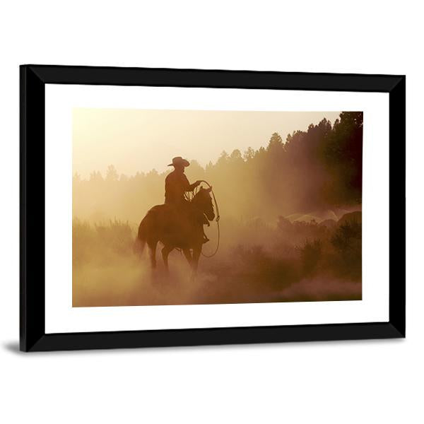 Cowboy In Setting Sun Canvas Wall Art-5 Horizontal-Gallery Wrap-22" x 12"-Tiaracle