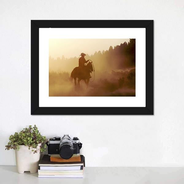 Cowboy In Setting Sun Canvas Wall Art-5 Horizontal-Gallery Wrap-22" x 12"-Tiaracle