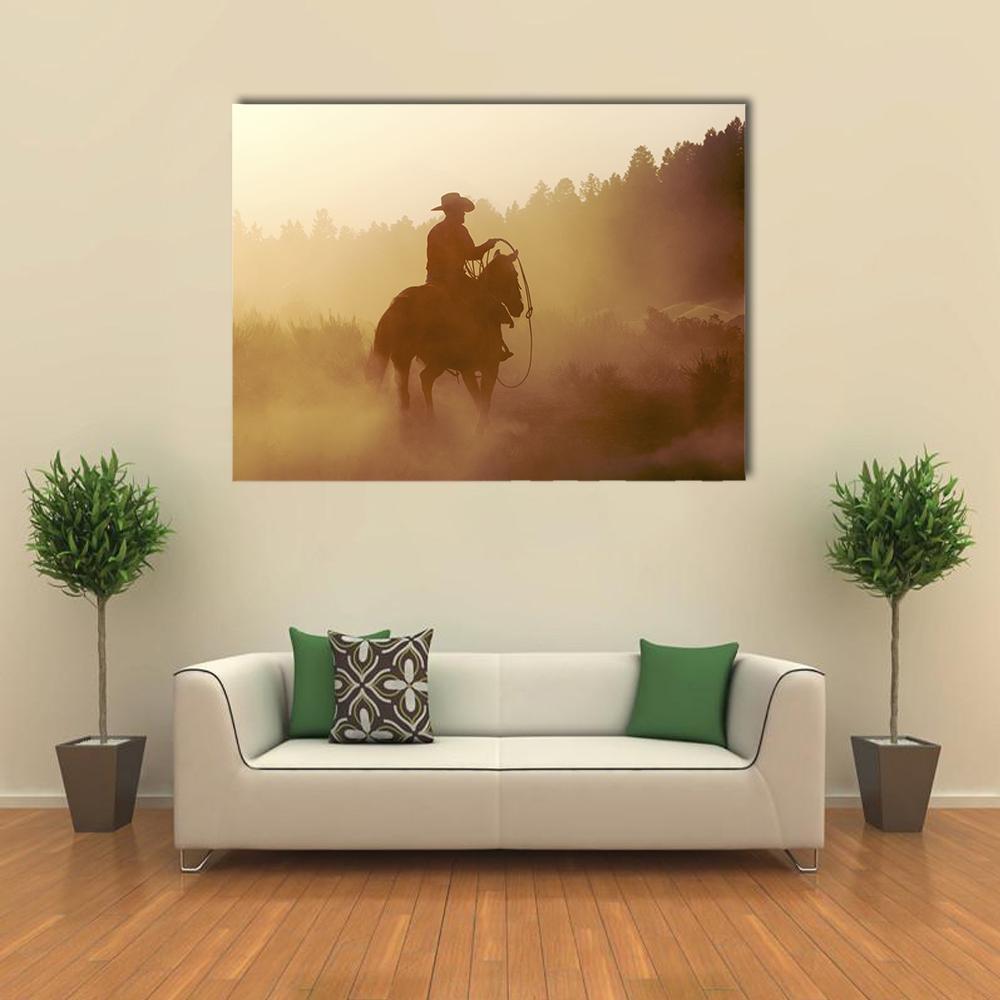 Cowboy In Setting Sun Canvas Wall Art-4 Horizontal-Gallery Wrap-34" x 24"-Tiaracle