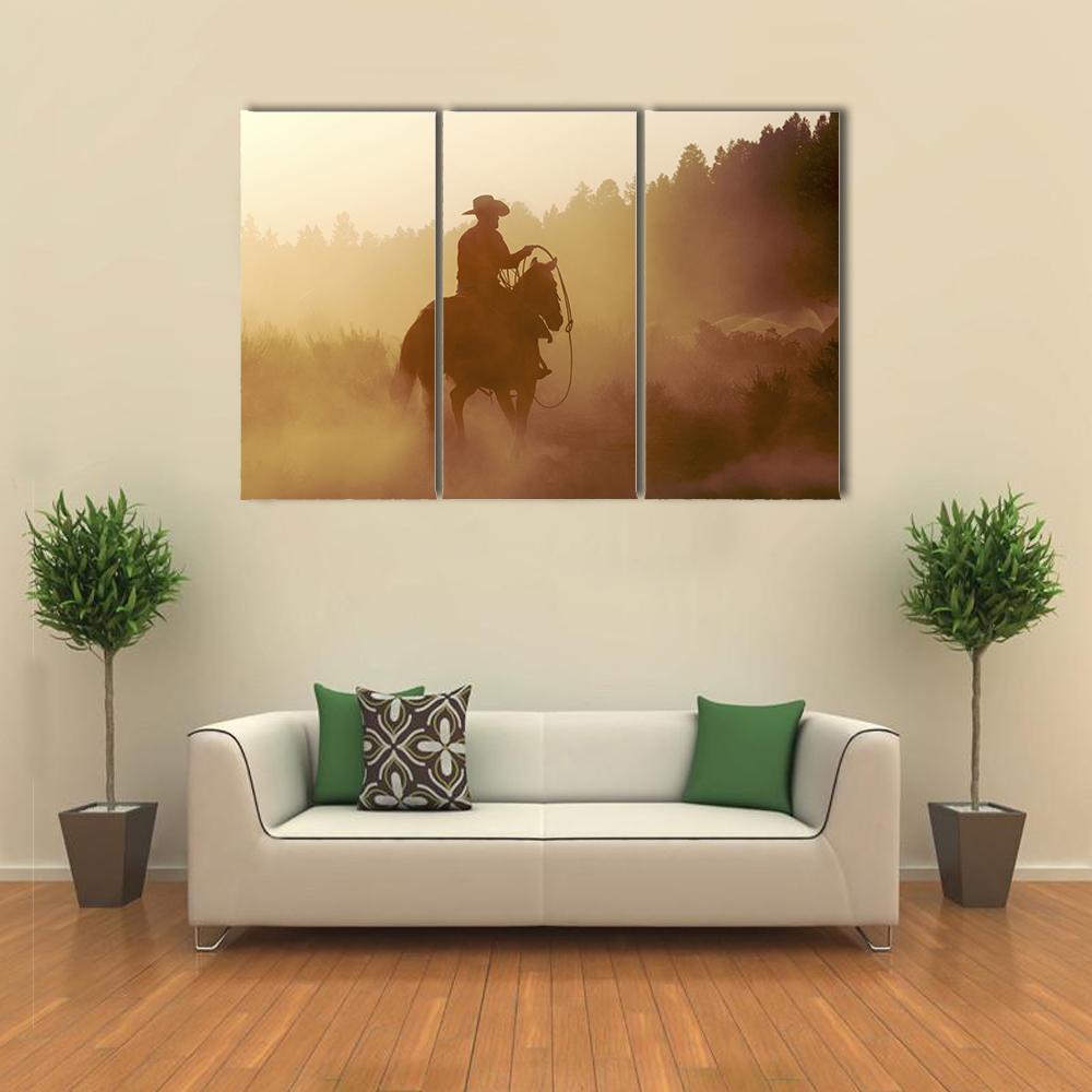 Cowboy In Setting Sun Canvas Wall Art-3 Horizontal-Gallery Wrap-37" x 24"-Tiaracle