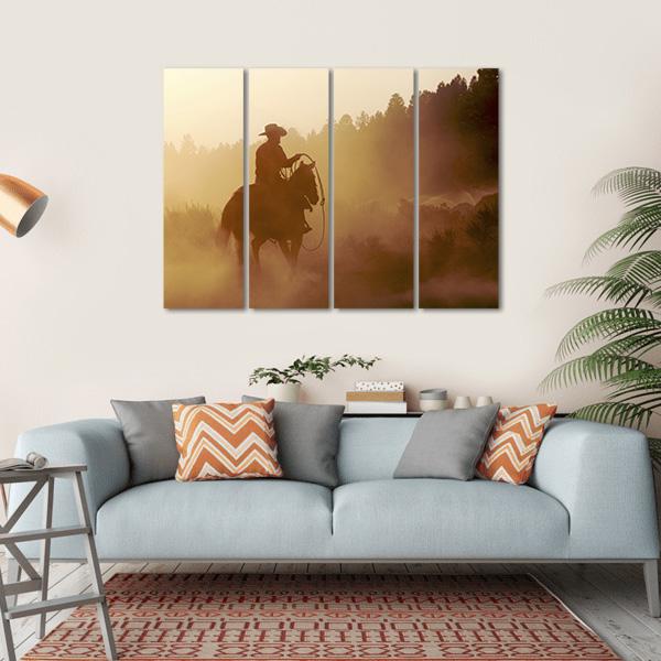 Cowboy In Setting Sun Canvas Wall Art-4 Horizontal-Gallery Wrap-34" x 24"-Tiaracle