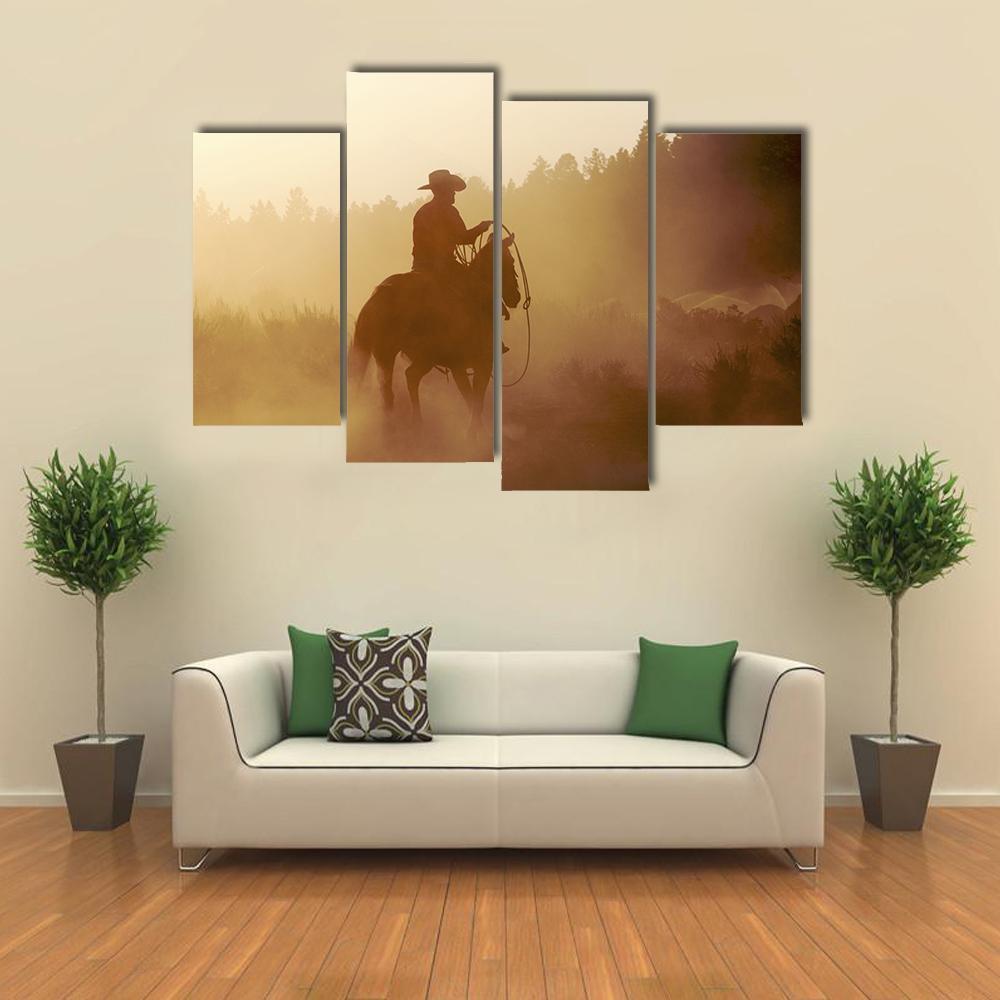 Cowboy In Setting Sun Canvas Wall Art-4 Pop-Gallery Wrap-50" x 32"-Tiaracle