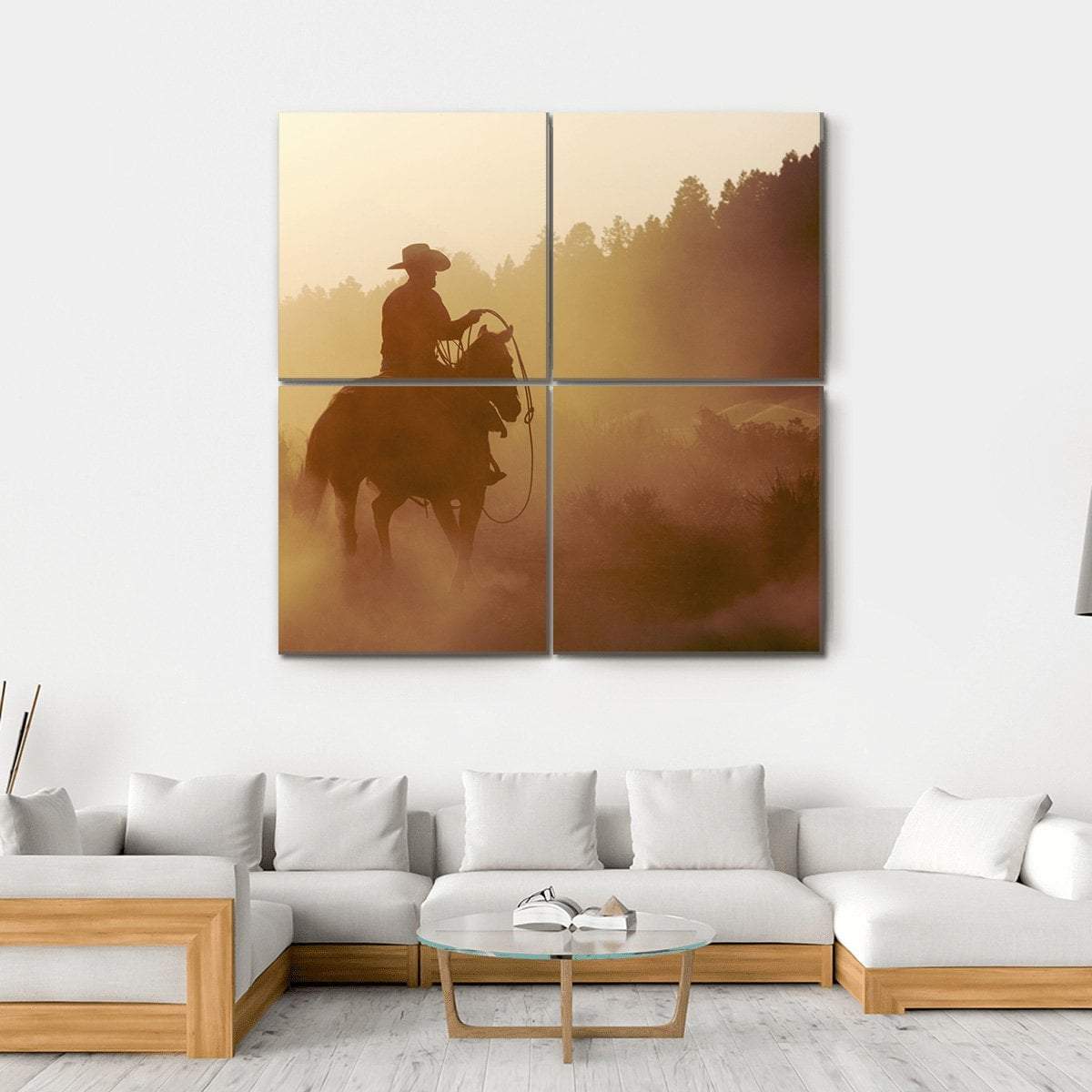 Cowboy In Setting Sun Canvas Wall Art-4 Square-Gallery Wrap-17" x 17"-Tiaracle