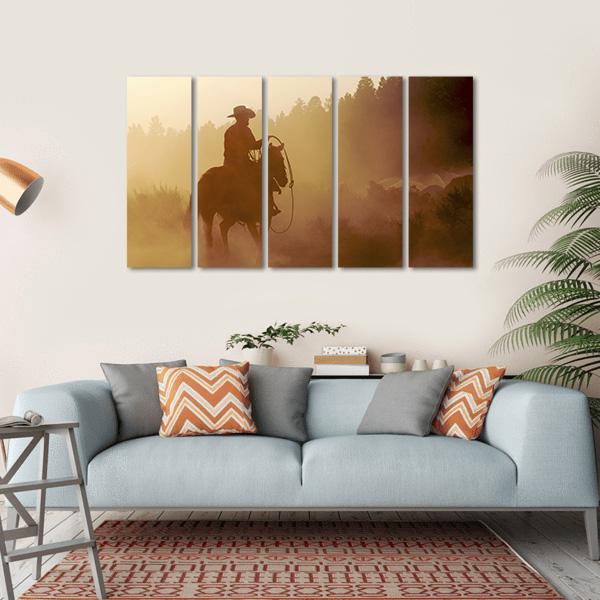 Cowboy In Setting Sun Canvas Wall Art-5 Horizontal-Gallery Wrap-22" x 12"-Tiaracle