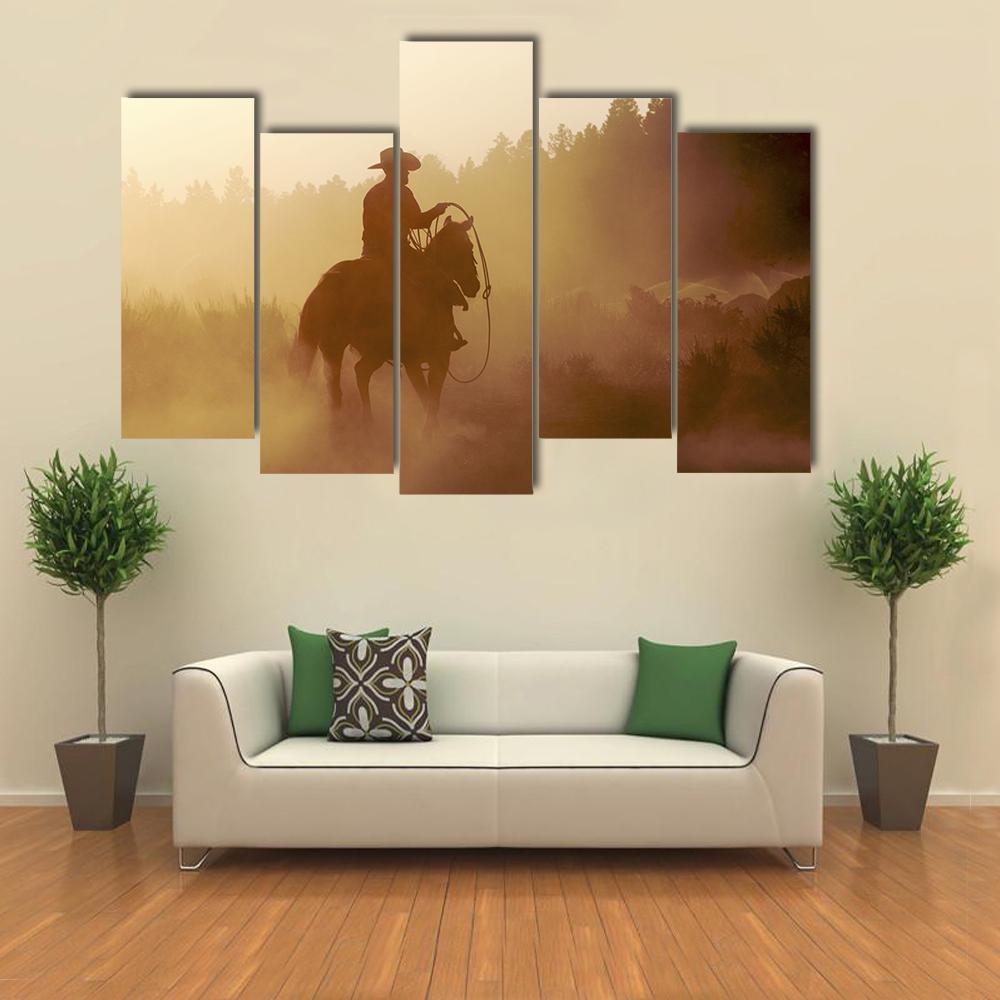 Cowboy In Setting Sun Canvas Wall Art-5 Pop-Gallery Wrap-47" x 32"-Tiaracle