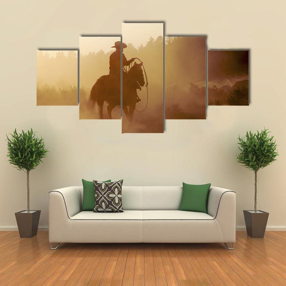 Cowboy In Setting Sun Canvas Wall Art-3 Horizontal-Gallery Wrap-37" x 24"-Tiaracle