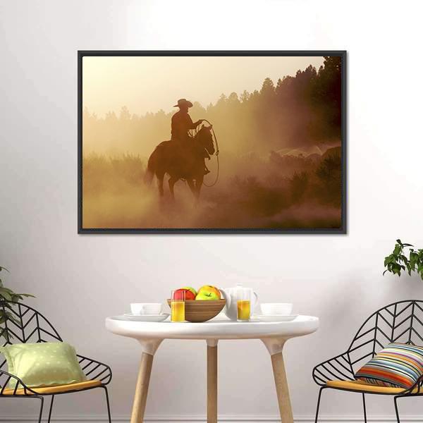 Cowboy In Setting Sun Canvas Wall Art-1 Piece-Floating Frame-24" x 16"-Tiaracle