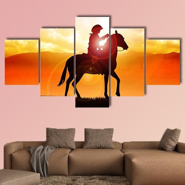 Silhouette Of Cowboy Canvas Wall Art-5 Star-Gallery Wrap-62" x 32"-Tiaracle