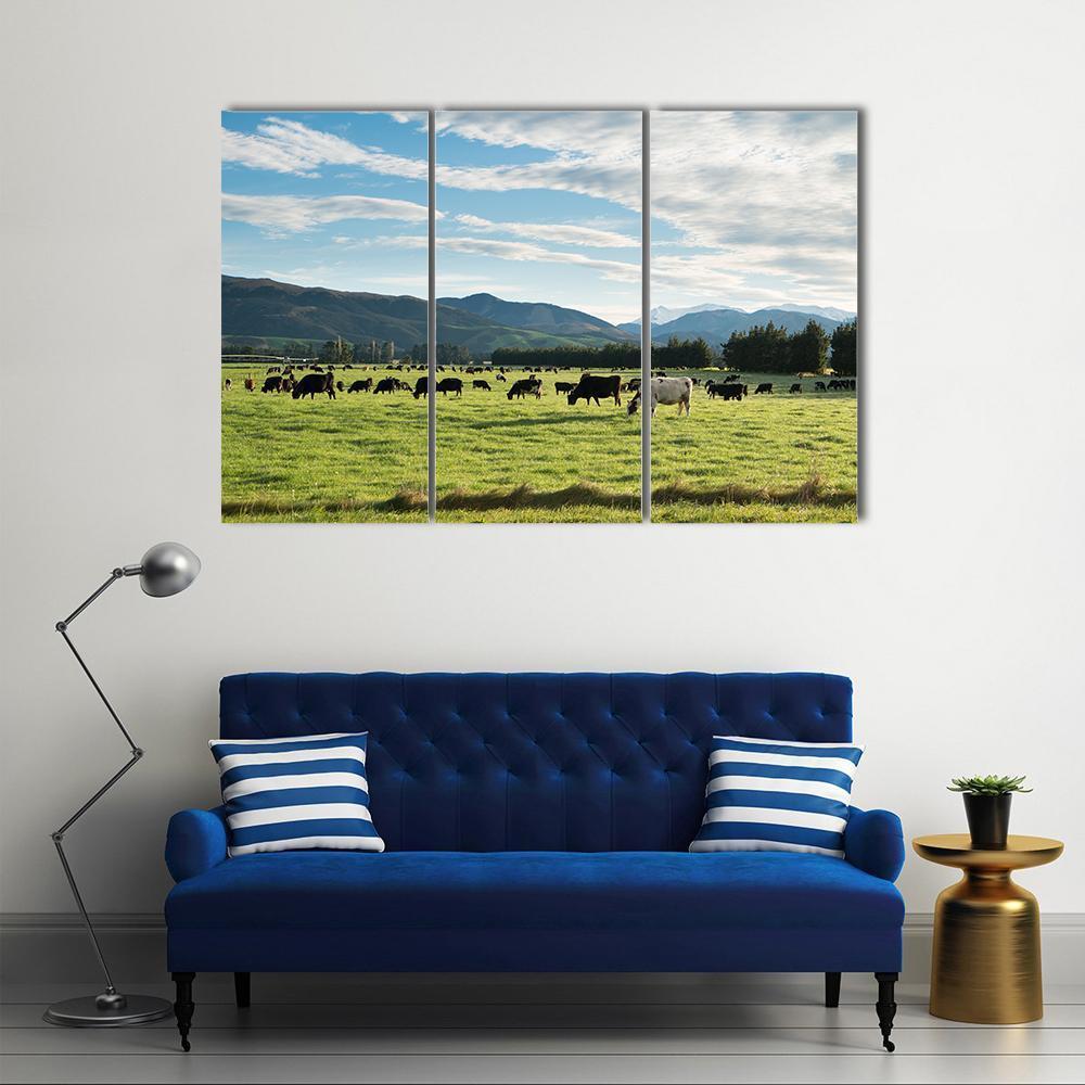 Grazing Cows on Rolling Green Hills Canvas Wall Art in white, green and blue, hung on a wall