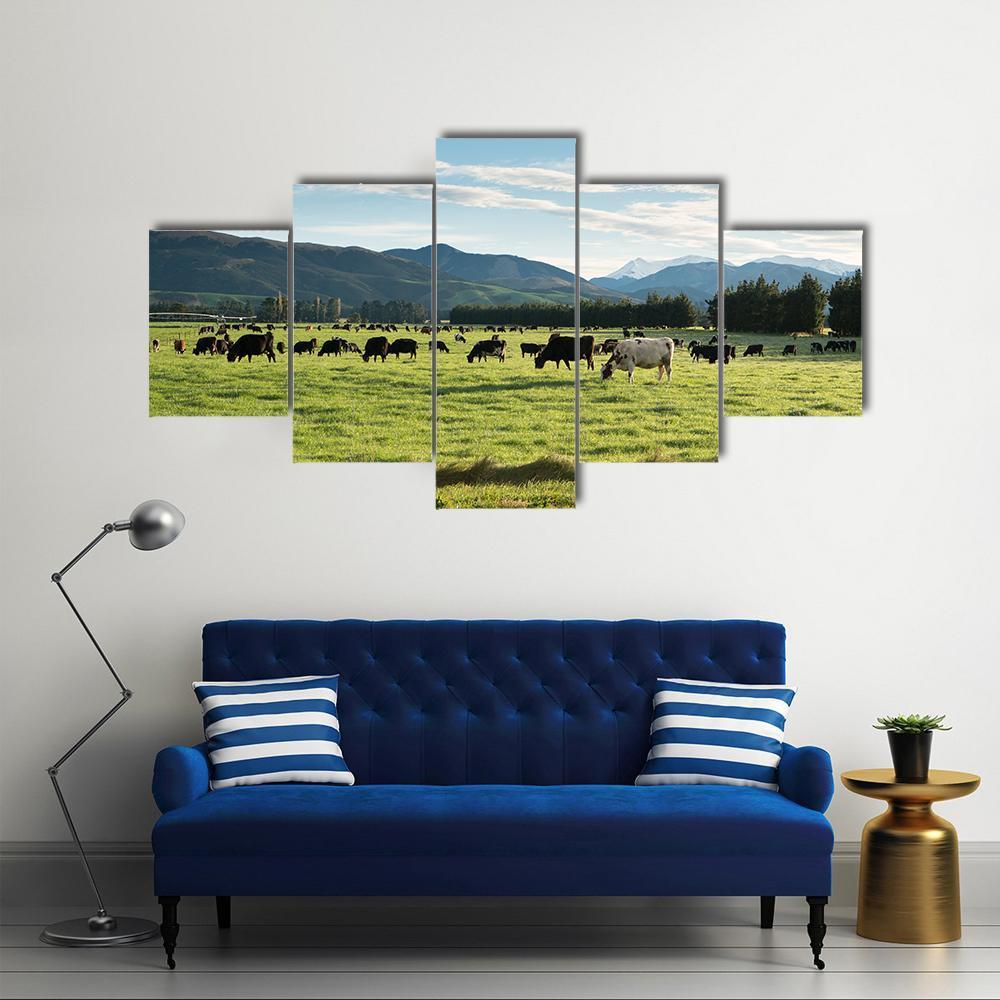 Cows In Green Field Canvas Wall Art-5 Star-Gallery Wrap-62" x 32"-Tiaracle