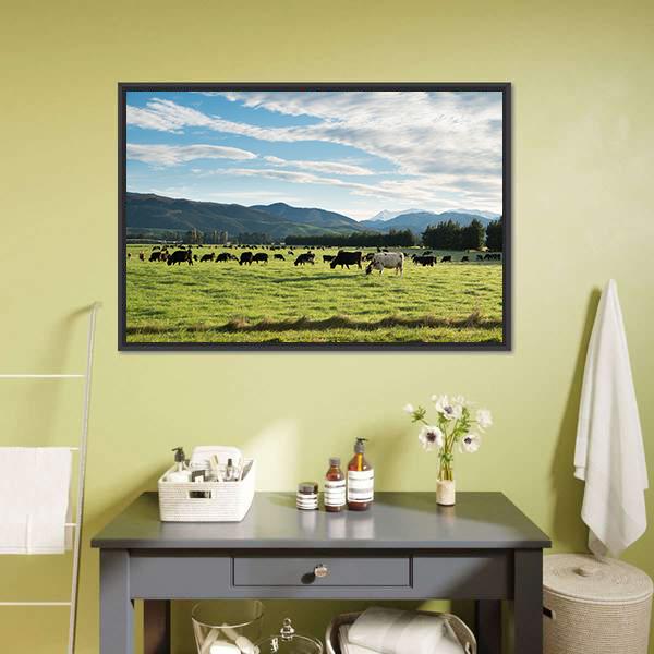 Cows In Green Field Canvas Wall Art-3 Horizontal-Gallery Wrap-25" x 16"-Tiaracle