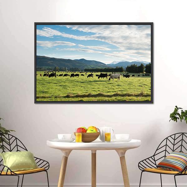 Cows In Green Field Canvas Wall Art-1 Piece-Floating Frame-24" x 16"-Tiaracle
