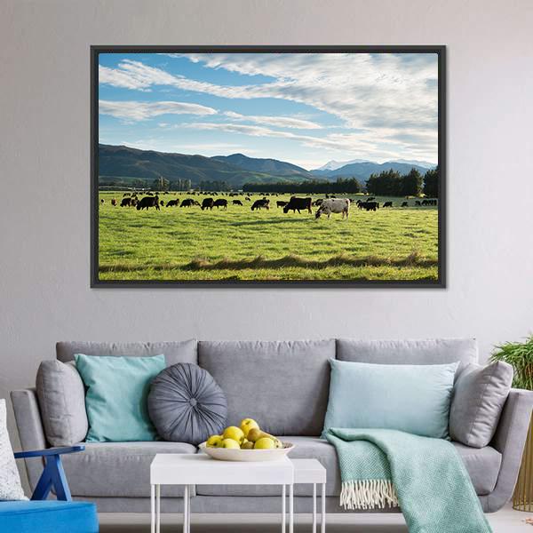 Cows In Green Field Canvas Wall Art-3 Horizontal-Gallery Wrap-25" x 16"-Tiaracle