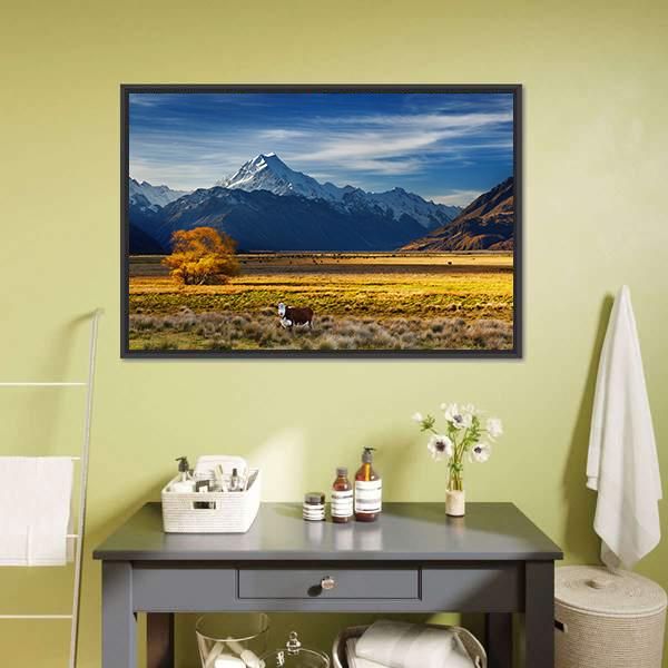 Cows Near Mount Cook Canvas Wall Art-1 Piece-Floating Frame-24" x 16"-Tiaracle