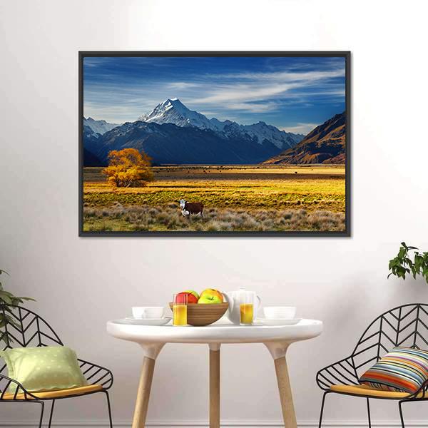 Cows Near Mount Cook Canvas Wall Art-3 Horizontal-Gallery Wrap-25" x 16"-Tiaracle