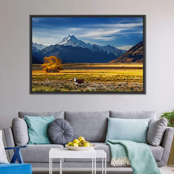 Cows Near Mount Cook Canvas Wall Art-3 Horizontal-Gallery Wrap-25" x 16"-Tiaracle