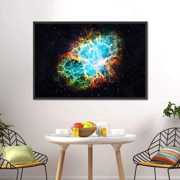 Crab Nebula Canvas Wall Art in black, orange and blue, framed canvas, product view on a white background