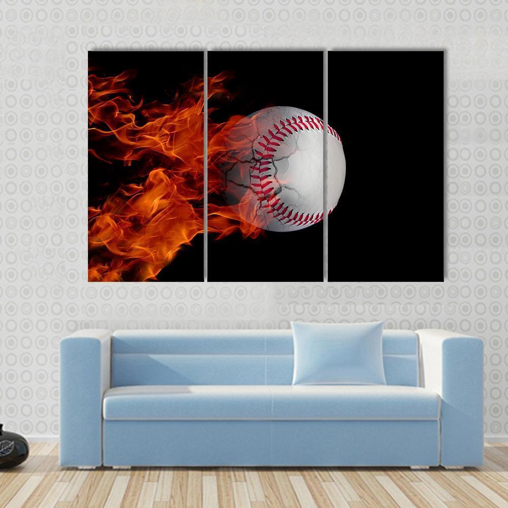 Cracked Baseball On Fire Canvas Wall Art-3 Horizontal-Gallery Wrap-37" x 24"-Tiaracle