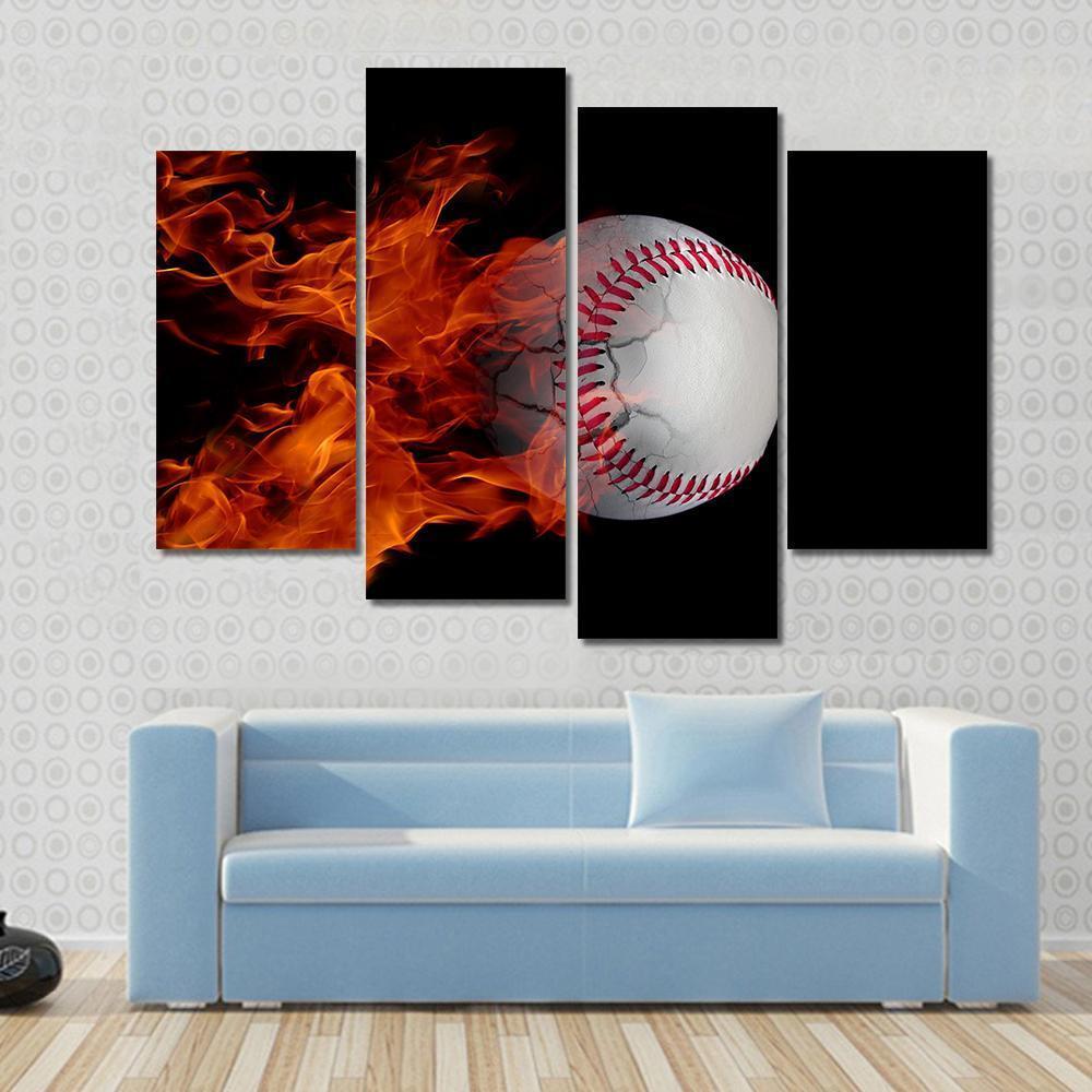 Cracked Baseball On Fire Canvas Wall Art-4 Pop-Gallery Wrap-50&quot; x 32&quot;-Tiaracle