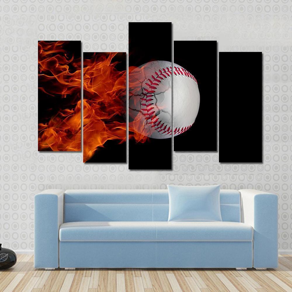 Cracked Baseball On Fire Canvas Wall Art-5 Pop-Gallery Wrap-47&quot; x 32&quot;-Tiaracle