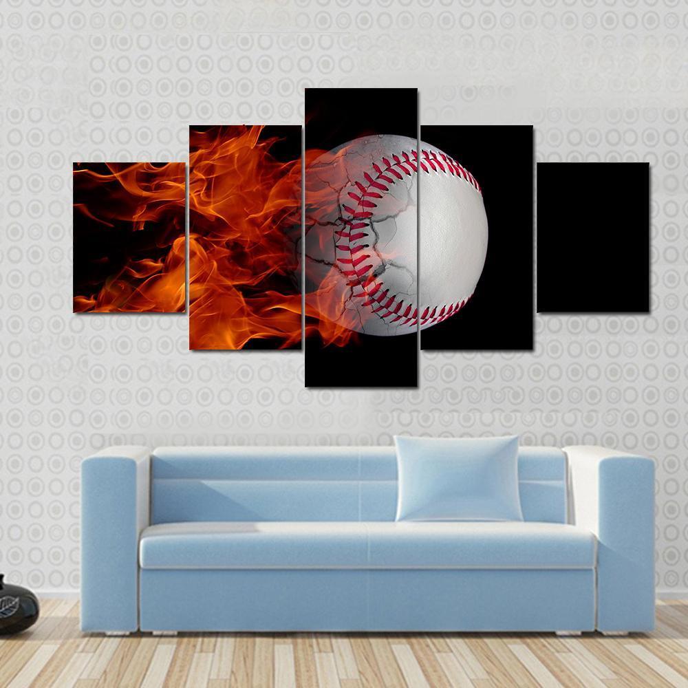 Cracked Baseball On Fire Canvas Wall Art-5 Star-Gallery Wrap-62&quot; x 32&quot;-Tiaracle