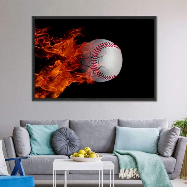 Cracked Baseball On Fire Panoramic Canvas Wall Art-1 Piece-36&quot; x 12&quot;-Tiaracle