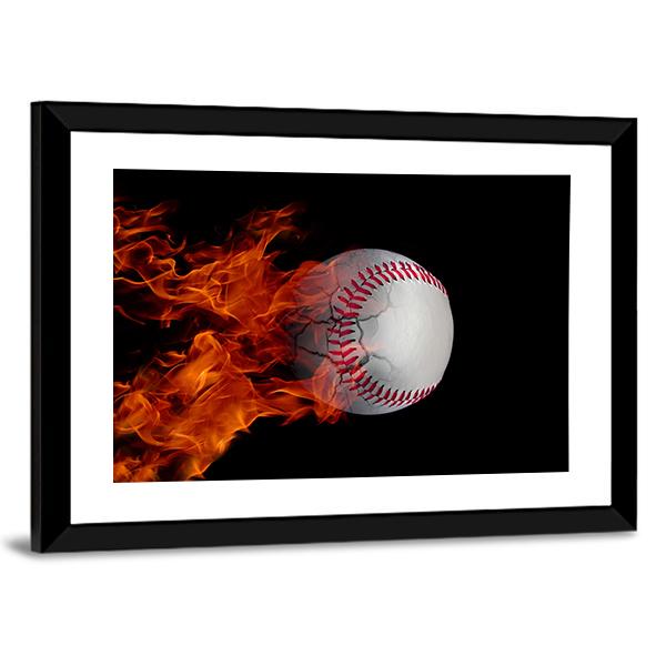 Cracked Baseball On Fire Panoramic Canvas Wall Art-1 Piece-36&quot; x 12&quot;-Tiaracle