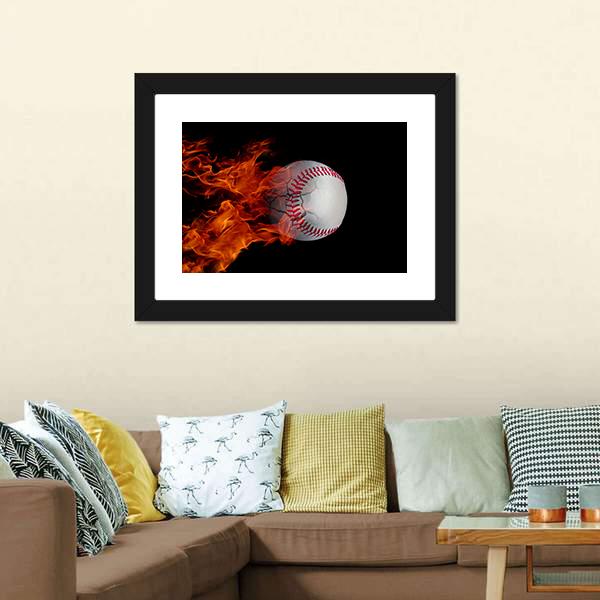 Cracked Baseball On Fire Panoramic Canvas Wall Art-1 Piece-36" x 12"-Tiaracle