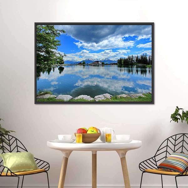 Crans Montana Lake Canvas Wall Art-1 Piece-Floating Frame-24" x 16"-Tiaracle