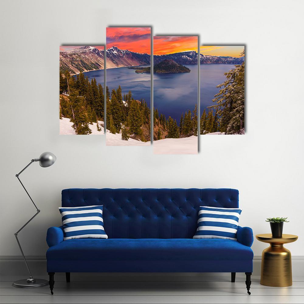 Crater Lake At Sunset Canvas Wall Art-4 Pop-Gallery Wrap-50" x 32"-Tiaracle