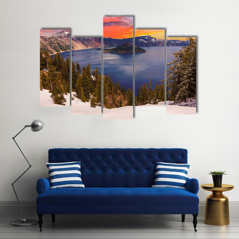 Crater Lake At Sunset Canvas Wall Art-5 Pop-Gallery Wrap-47" x 32"-Tiaracle