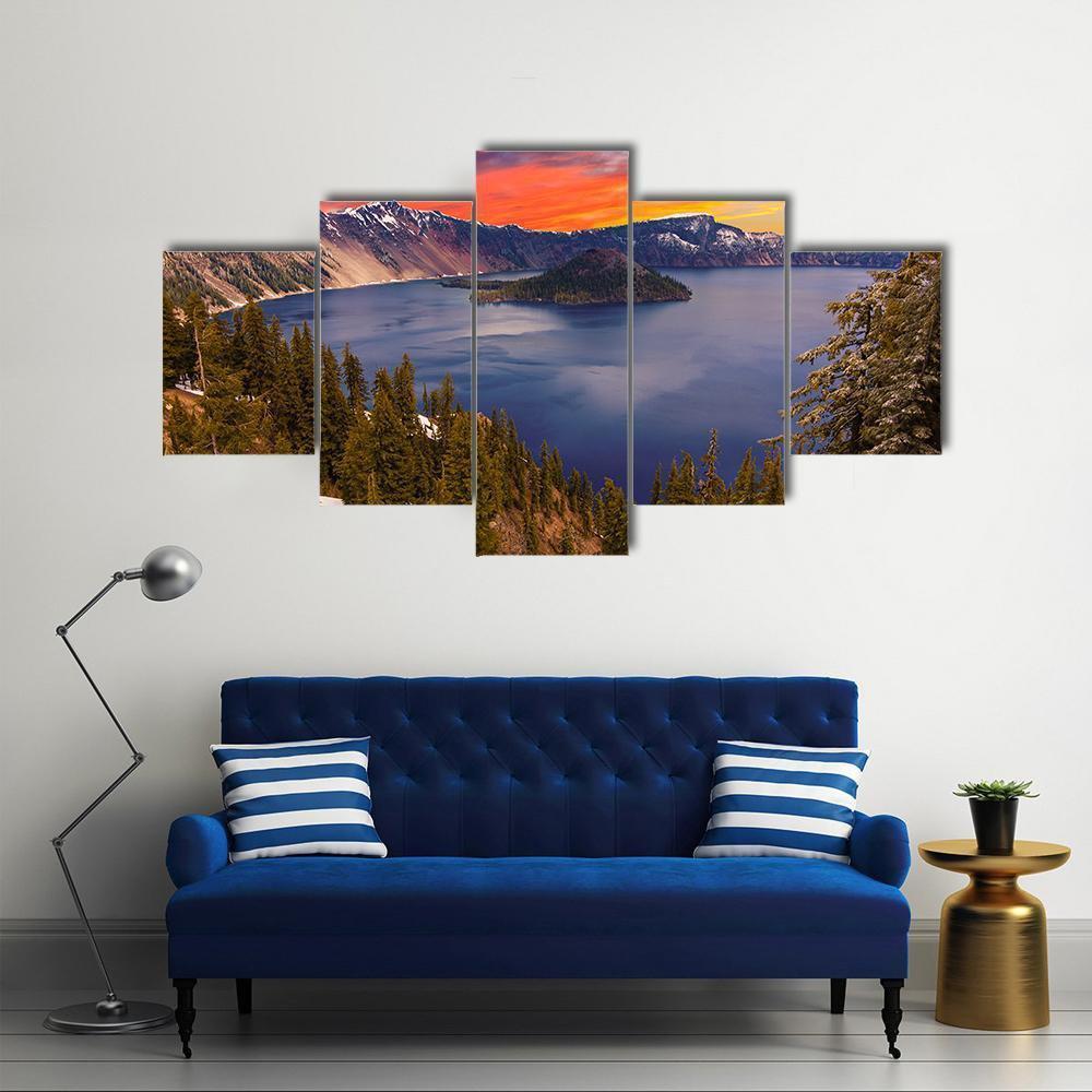 Crater Lake At Sunset Canvas Wall Art-5 Star-Gallery Wrap-62" x 32"-Tiaracle