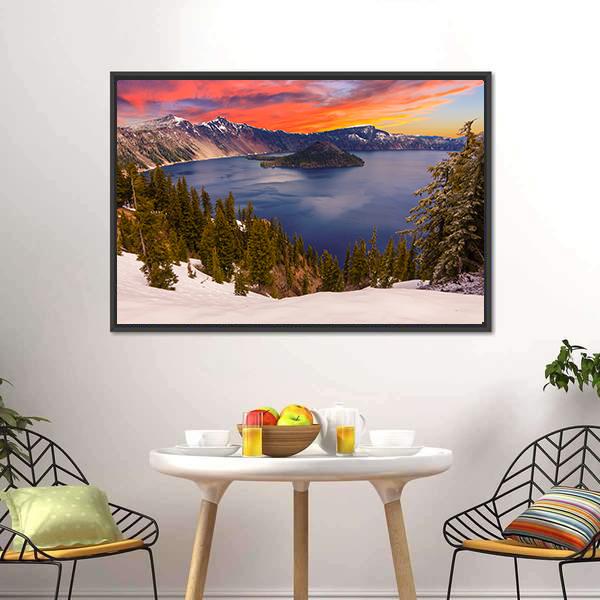 Crater Lake at Sunset Canvas Wall Art in red, orange and blue, framed canvas, product view on a white background