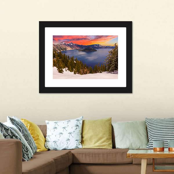 Crater Lake At Sunset Canvas Wall Art-1 Piece-Framed Print-20" x 16"-Tiaracle