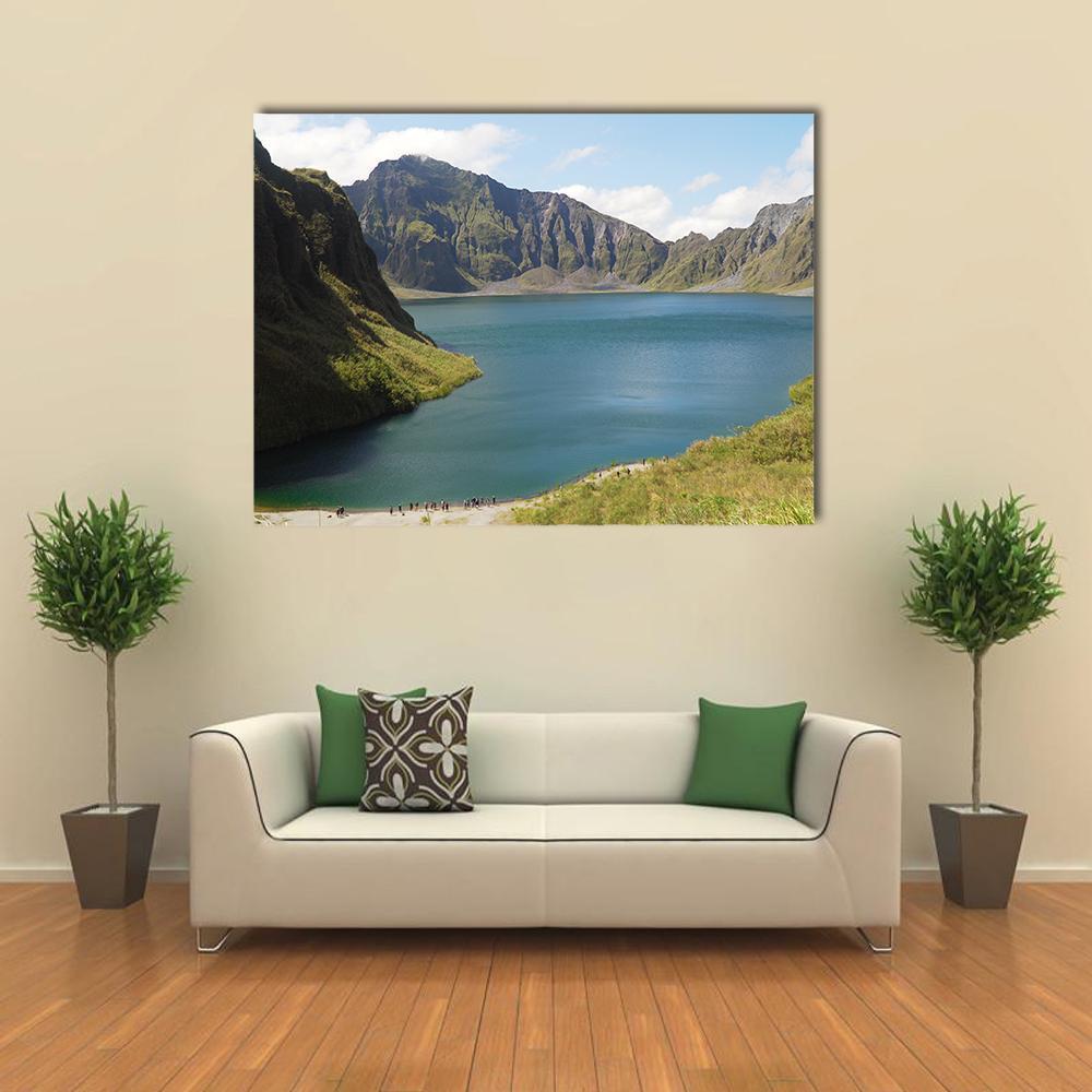 Serene Crater Lake, Philippines Canvas Wall Art in gray, green and blue, single panel hung on a wall