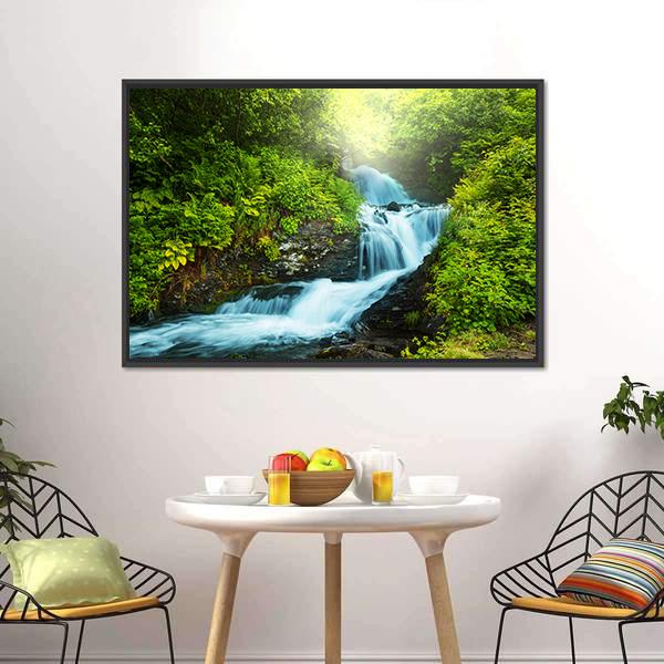 Creek In Forest Canvas Wall Art-1 Piece-Floating Frame-24" x 16"-Tiaracle