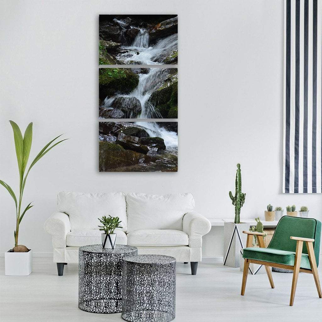 Creek Waterfall In Rocks Vertical Canvas Wall Art-3 Vertical-Gallery Wrap-12" x 25"-Tiaracle