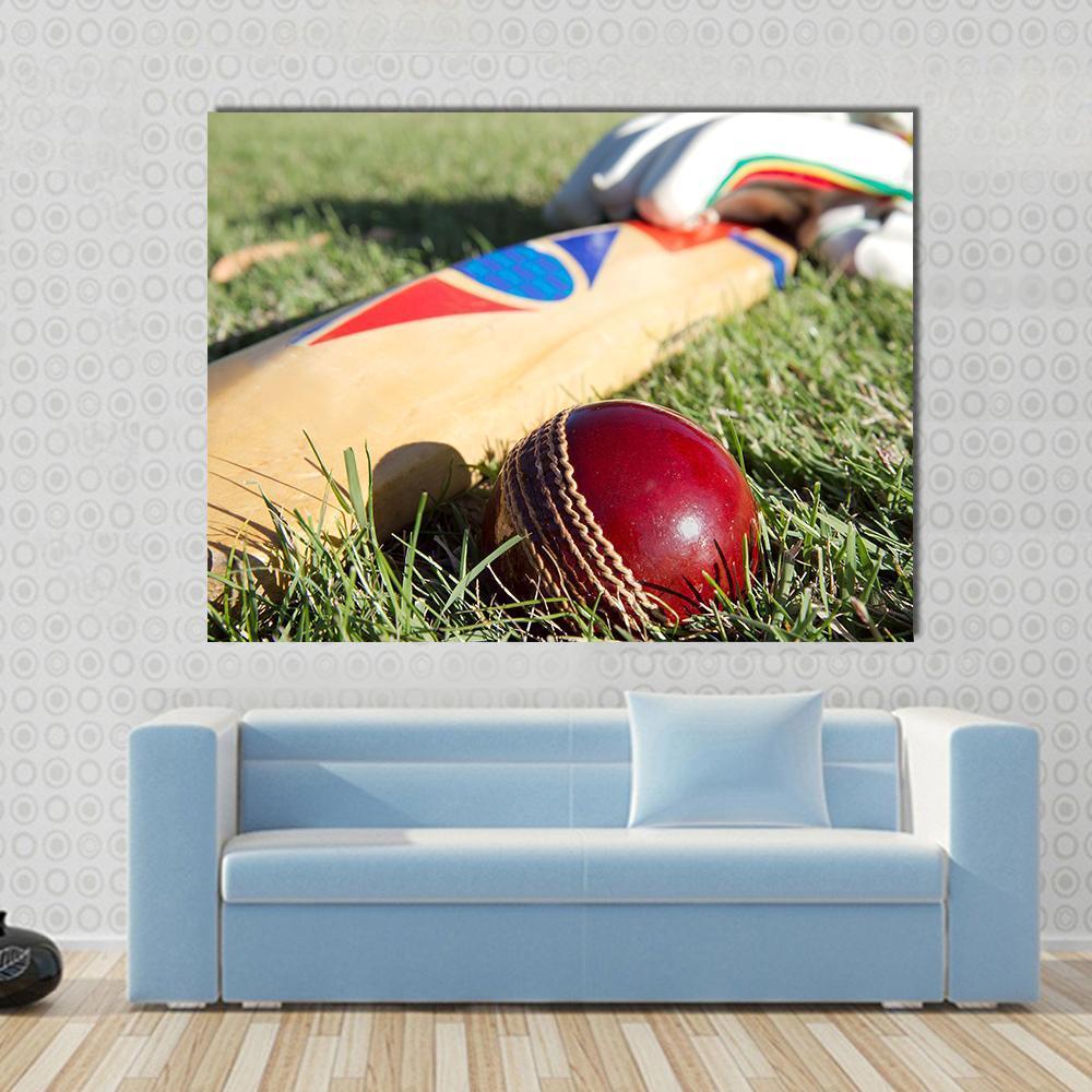 Cricket Ball Bat &amp; Gloves Canvas Wall Art in beige, red and green, single panel hung on a wall