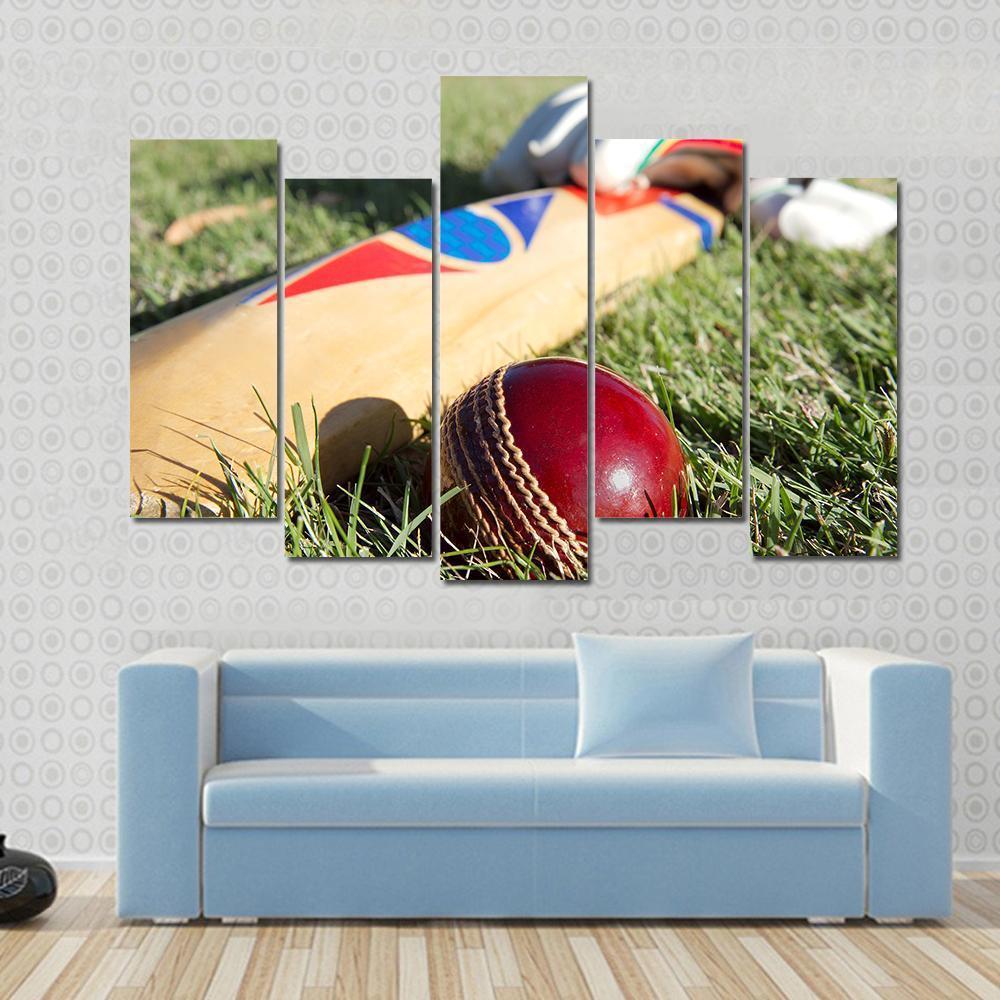 Cricket Ball Bat &amp; Gloves Canvas Wall Art-5 Pop-Gallery Wrap-47&quot; x 32&quot;-Tiaracle